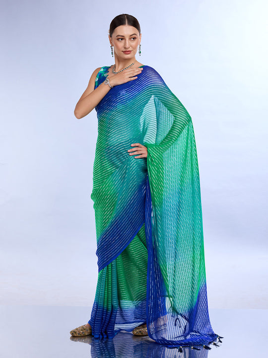 Green & Turquoise Weightless Saree With Blouse Piece