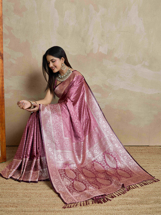 Onion-Pink Pure Satin Banarasi Saree With Tassels Saree With Blouse Piece