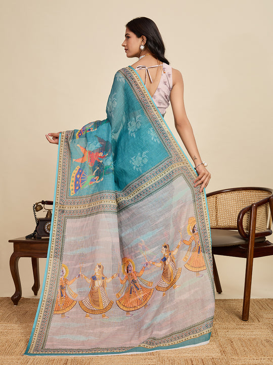 Sea Green Linen Saree With Jari Border All Over Single Colour Printed Saree With Blouse Piece