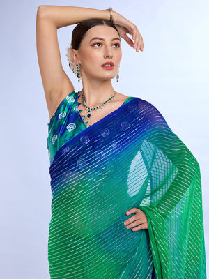 Green & Turquoise Weightless Saree With Blouse Piece