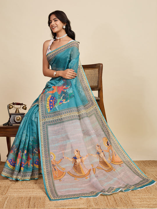 Sea Green Linen Saree With Jari Border All Over Single Colour Printed Saree With Blouse Piece
