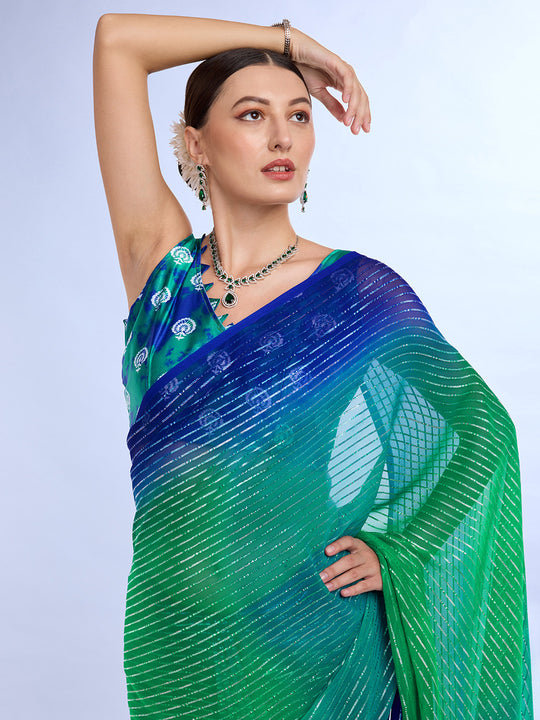 Green & Turquoise Weightless Saree With Blouse Piece