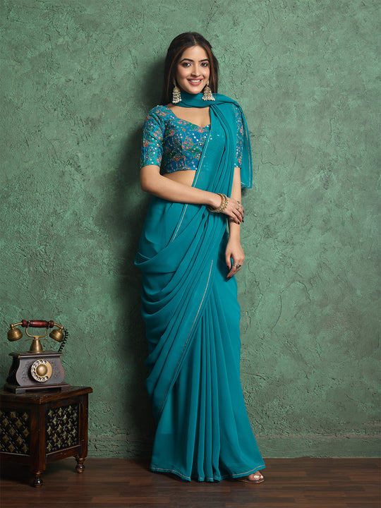 Poly Chiffon Dyed Saree With Heavy Embroidered Blouse Piece