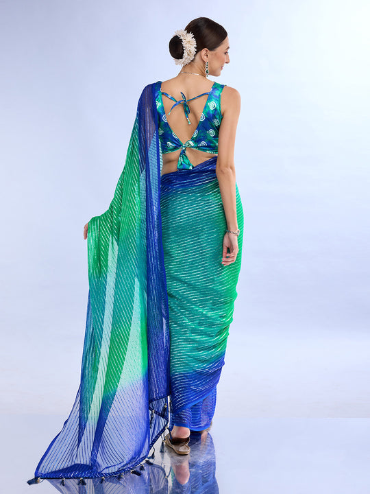 Green & Turquoise Weightless Saree With Blouse Piece