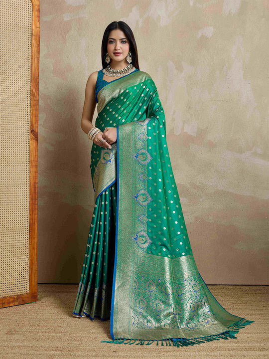 Green Pure Satin Banarasi Saree With Tassels Saree With Blouse Piece