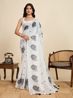 White Linen Saree With Jari Border All Over Single Colour Printed Saree With Blouse Piece