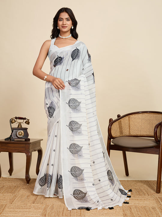 White Linen Saree With Jari Border All Over Single Colour Printed Saree With Blouse Piece