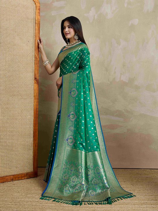 Green Pure Satin Banarasi Saree With Tassels Saree With Blouse Piece