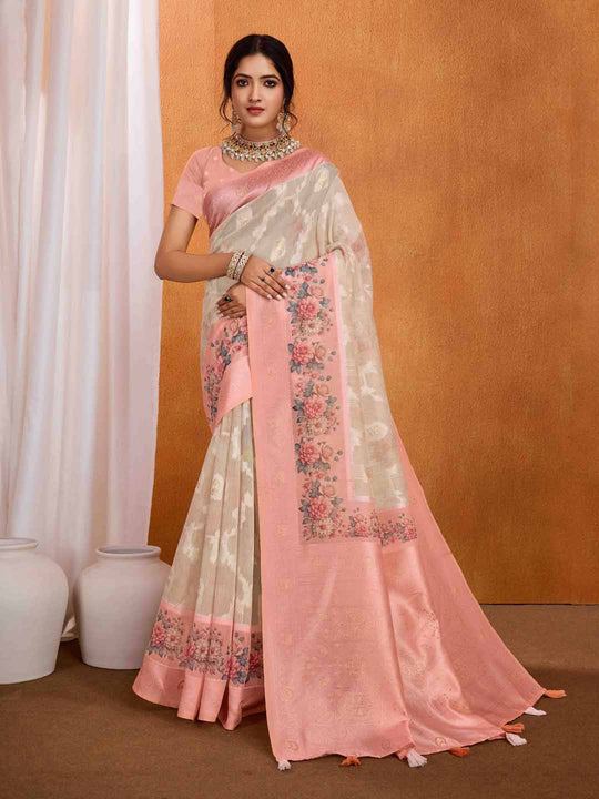 Rose Pink Pure Cotton Lucknowi Woven Banarasi Saree With Ombre Floral Prints