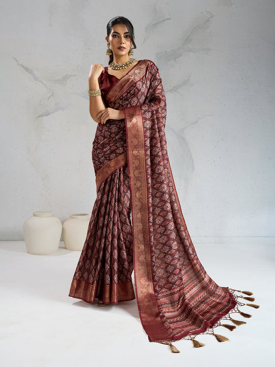 Poly Silk Woven Floral Digital Printed Saree With Woven Jacquard Border And Fancy Tassels
