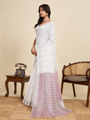 White Linen Saree With Jari Border All Over Single Colour Printed Saree With Blouse Piece