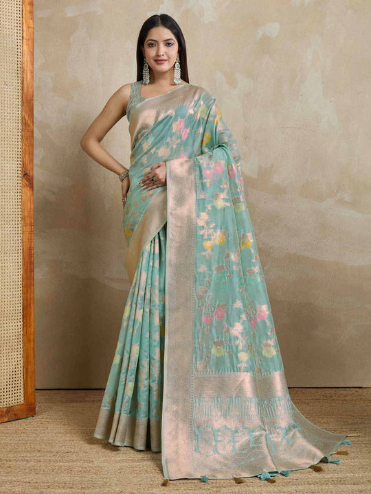 Seagreen Organza Banarasi Woven Rich Pallu With Blouse Piece