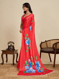 Red Chinon Saree All Over Single Colour Printed Saree With Blouse Piece