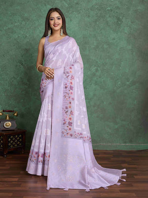 Lavendar Pure Cotton Lucknowi Woven Printed Saree With Tassels Saree With Blouse Piece