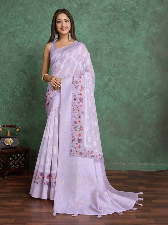 Lavendar Pure Cotton Lucknowi Woven Printed Saree With Tassels Saree With Blouse Piece