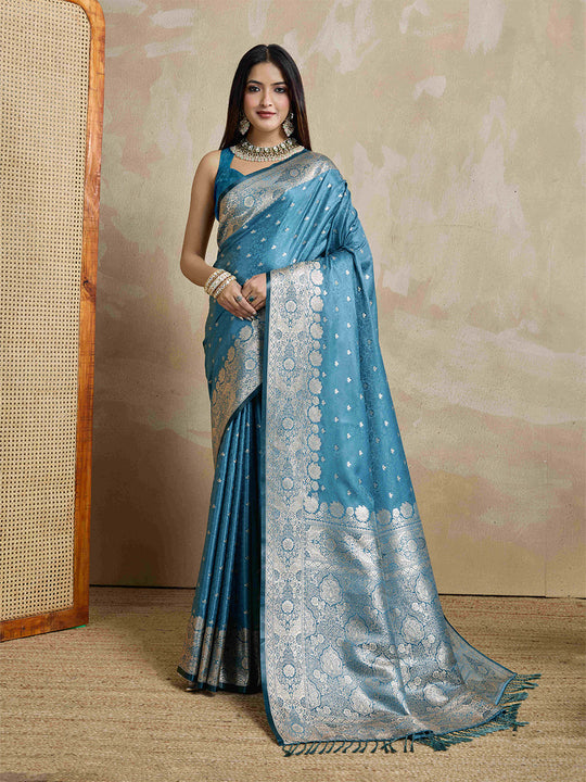 Blue Pure Satin Banarasi Saree With Tassels Saree With Blouse Piece