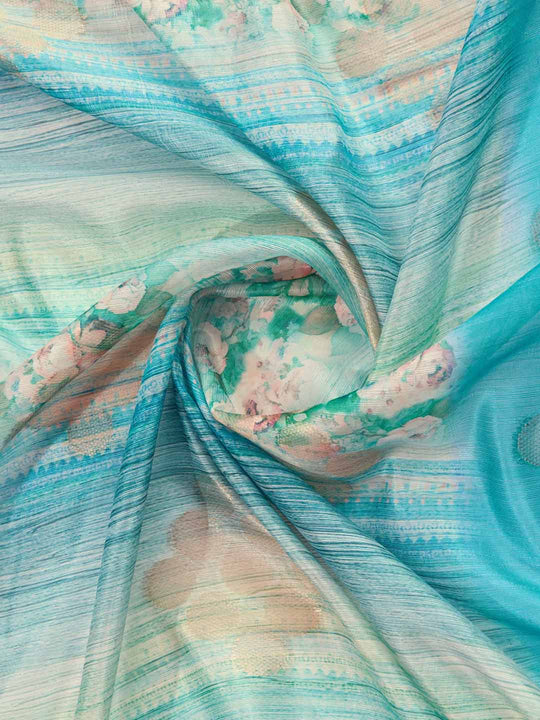 Blue Cotton Banarasi Woven Rich Pallu Printed Saree With Blouse Piece