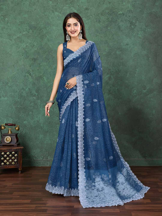 Indigoblue Cotton Banarasi Printed Saree With Thread Embroidery Scalloping  Saree With Blouse Piece