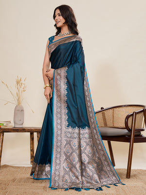 Teal Pure Satin Silk Gala Border Concept Weaved With Jari And Minakari Rich Pallu Saree With Blouse Piece