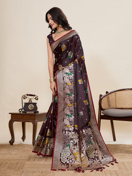 Maroon Soft Silk Sarees Premium Two Tone Satin Fabric With Unique Pathani Type Designs Saree With Blouse Piece