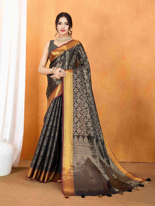 Black Ikkat Woven Kajeevaram Silk Rich Pallu With Blouse Piece