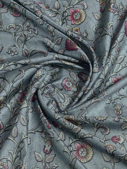 Grey Pure Handloom Tussar Woven Pallu Ajrakh Printed With Blouse Piece