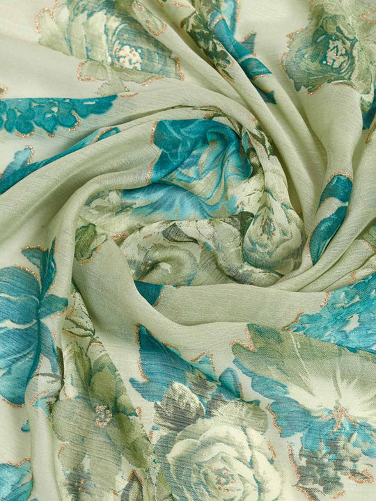Light Green Silk Chiffon Viscose Border Floral Printed Saree Saree With Blouse Piece