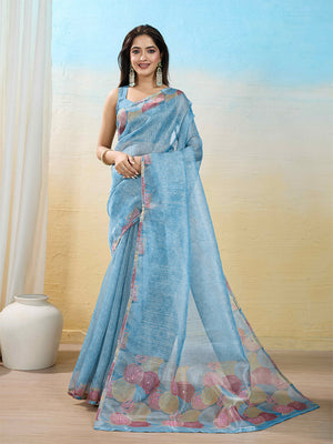 Skyblue Organza Zari Woven Printed Saree With Hand-Sequence Embellishment Saree With Blouse Piece