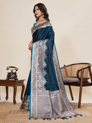 Teal Pure Satin Silk Gala Border Concept Weaved With Jari And Minakari Rich Pallu Saree With Blouse Piece