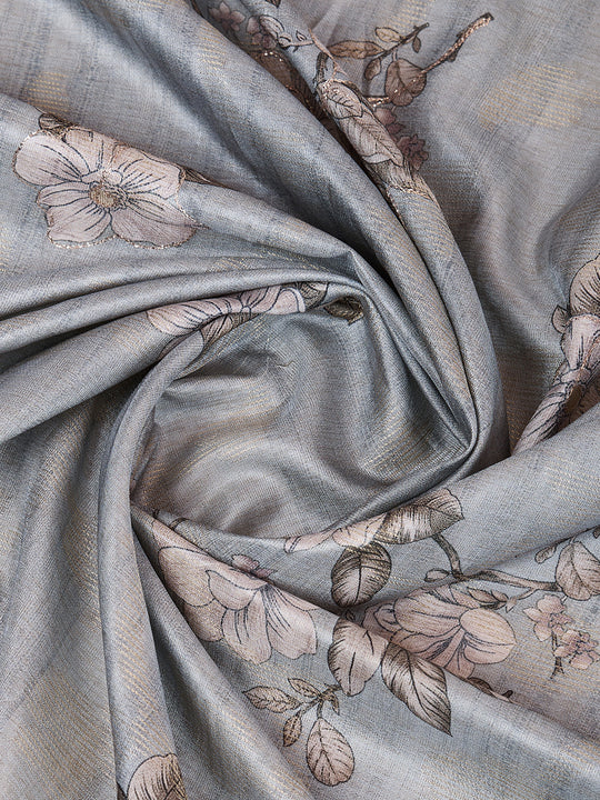 Grey Silk Blend Saree With Blouse Piece