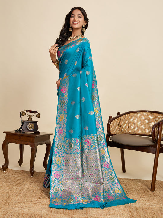 Cyan Blue Pure Jacquard Fabrics With Sona Chandi Pure Zari Work Saree With Blouse Piece
