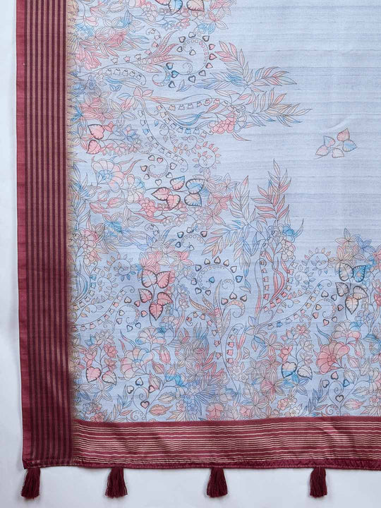 Blue Pure Tussar Viscose Border Paisley Digital Printed With Blouse Piece