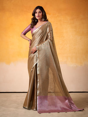 Golden Brown Banarasi Tissue Silk Saree With Blouse Piece