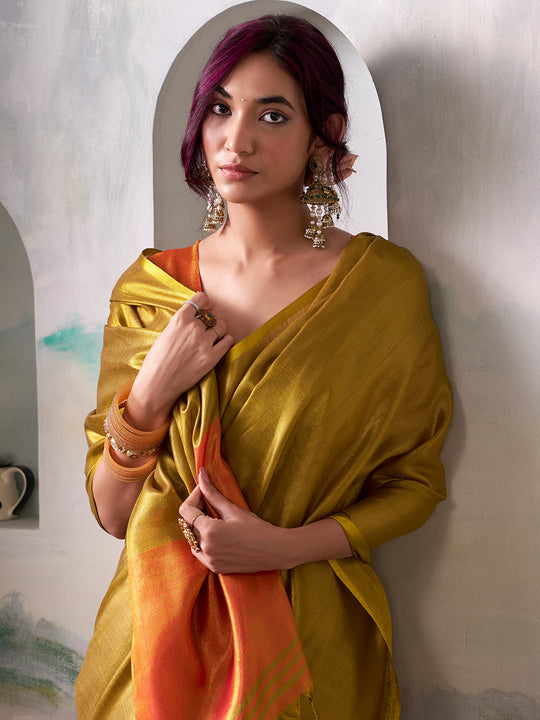 Golden Pure Handloom Tissue Saree With Blouse Piece