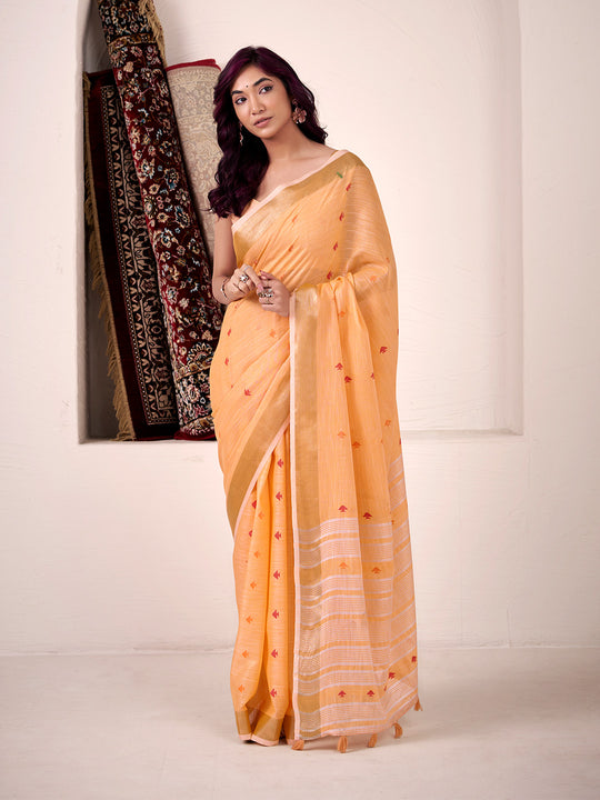 Orange Linen Silk Saree With Blouse Piece