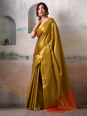 Golden Pure Handloom Tissue Saree With Blouse Piece