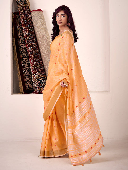 Orange Linen Silk Saree With Blouse Piece