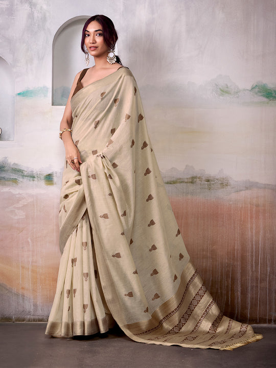 Off White Modal Cotton Saree With Blouse Piece