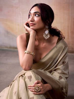 Off White Modal Cotton Saree With Blouse Piece