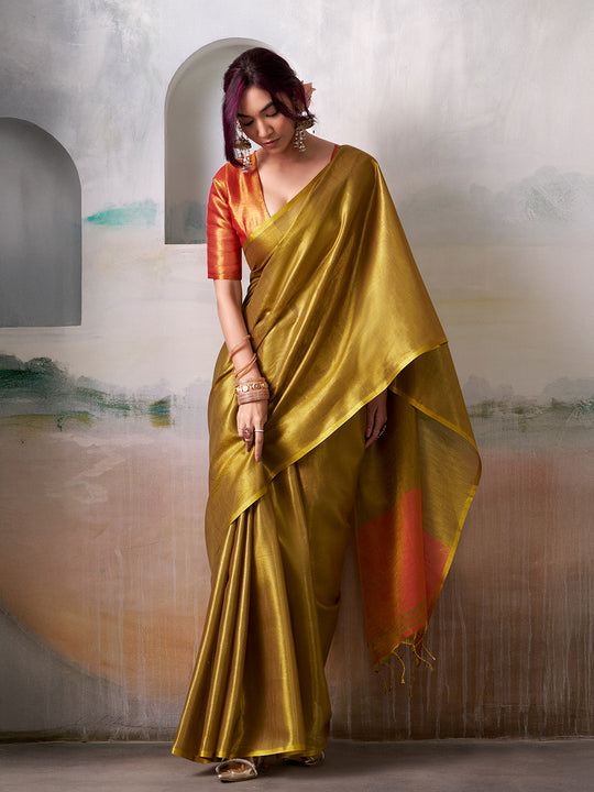 Golden Pure Handloom Tissue Saree With Blouse Piece