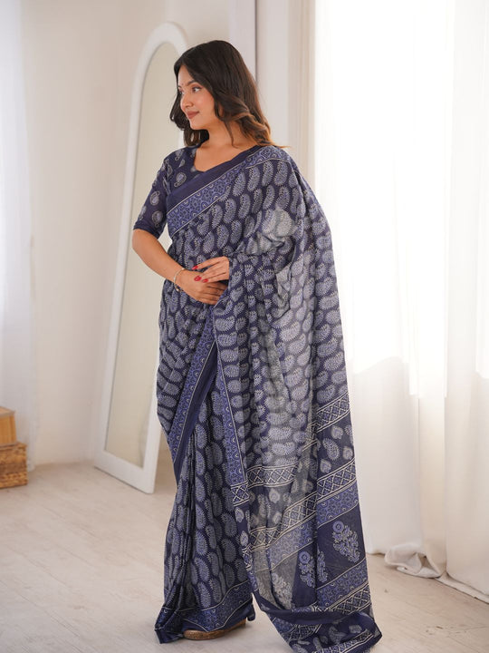 Soft Pure Cotton Hand Bagru Print Sarees With Blouse Pice