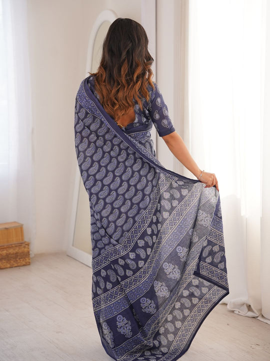 Soft Pure Cotton Hand Bagru Print Sarees With Blouse Pice
