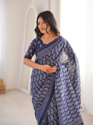 Soft Pure Cotton Hand Bagru Print Sarees With Blouse Pice
