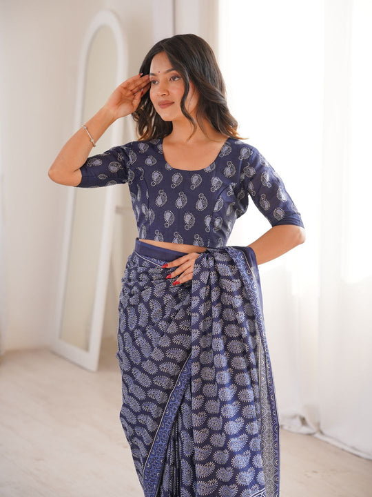 Soft Pure Cotton Hand Bagru Print Sarees With Blouse Pice