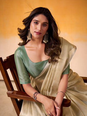 Beige Or Green Banarasi Tissue Silk Saree With Blouse Piece