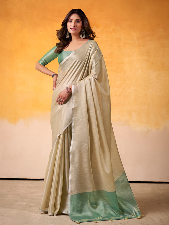 Beige Or Green Banarasi Tissue Silk Saree With Blouse Piece