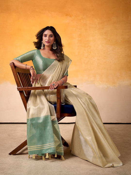 Beige Or Green Banarasi Tissue Silk Saree With Blouse Piece