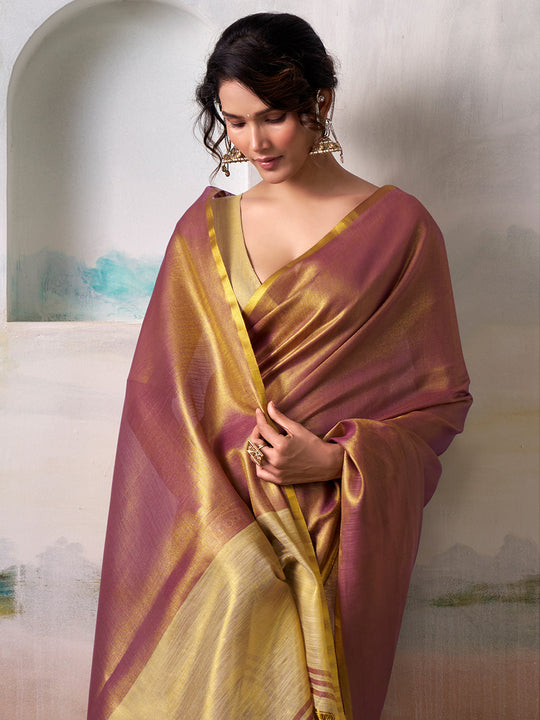 Wine Pure Handloom Tissue Saree With Blouse Piece