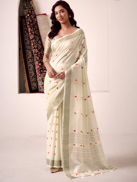 Cream Linen Silk Saree With Blouse Piece