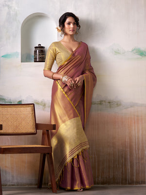 Wine Pure Handloom Tissue Saree With Blouse Piece